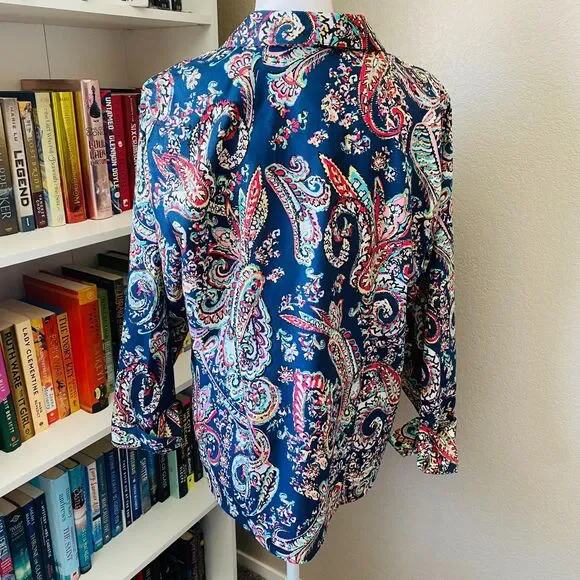 CHICO'S Paisley Blue Printed Button Down Long Sleeve No-Iron Top Size Large - Picture 5 of 9